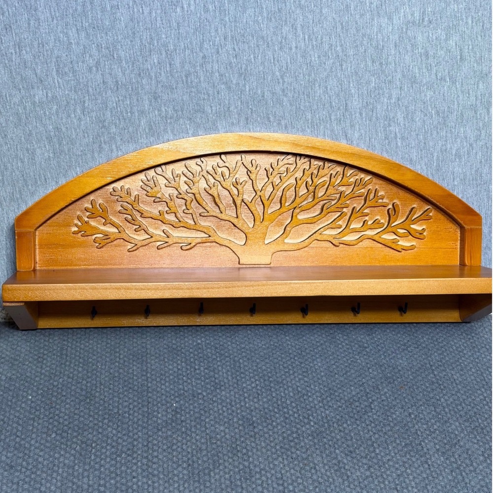 Tree of Life Carved Wood Wall Shelf w/7 Key Hooks Entryway Organizer 15in Boho